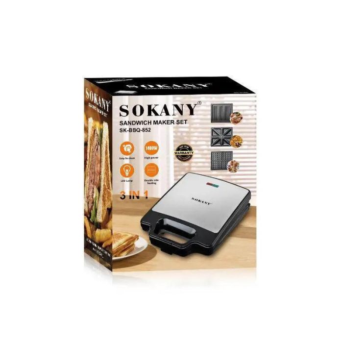 Вафельниця електрична 1400 Вт 3 насадки двостороннє нагрівання антипригарне покриття Sokany SK-BBQ-852