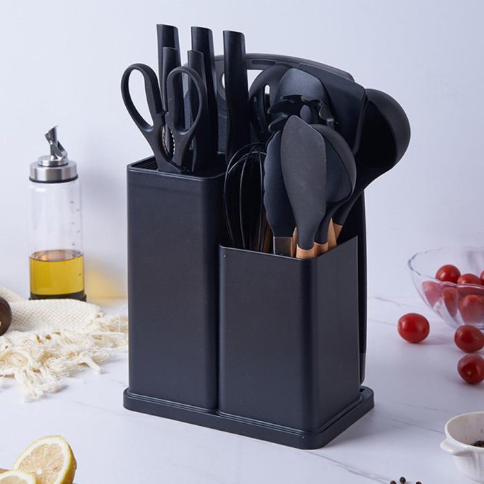Набір кухонного приладдя на підставці 19 штук кухонні аксесуари із силікону з бамбуковою ручкою Чорний