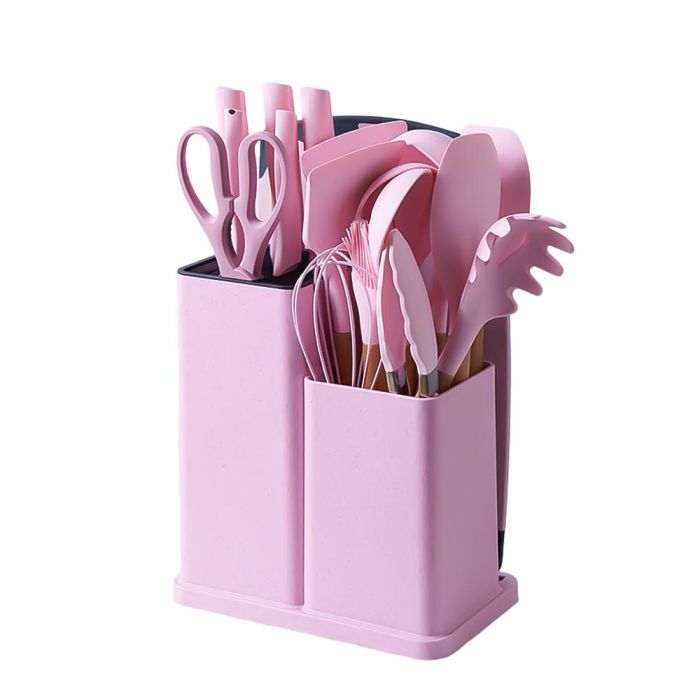 Набір кухонного приладдя на підставці 19 штук кухонні аксесуари із силікону з бамбуковою ручкою Рожевий