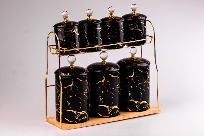 Набор для специй на подставке Мрамор с керамической крышкой 7 предметов Черный