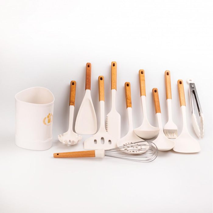 Набір кухонного приладдя на підставці 12 штук кухонні аксесуари силіконові з дерев'яною ручкою