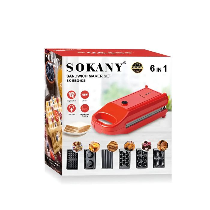 Вафельниця електрична 6 в 1 на 700 Вт двостороннє нагрівання антипригарне покриття Sokany SK-BBQ-836