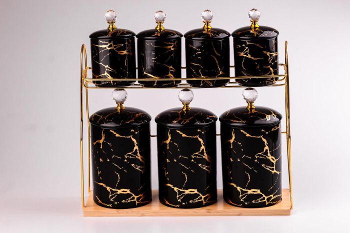 Набор для специй на подставке Мрамор с керамической крышкой 7 предметов Черный